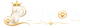 A decorative gold and white pet-themed logo or banner featuring a large letter P enclosing a dog and cat silhouette, paw prints, hearts, and a crown, on a white background.