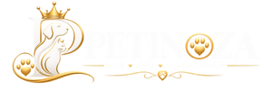 A decorative gold and white pet-themed logo or banner featuring a large letter P enclosing a dog and cat silhouette, paw prints, hearts, and a crown, on a white background.